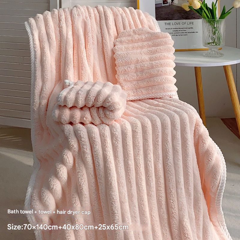 Aurex plush ribbed coral fleece 3-piece towel set in pink